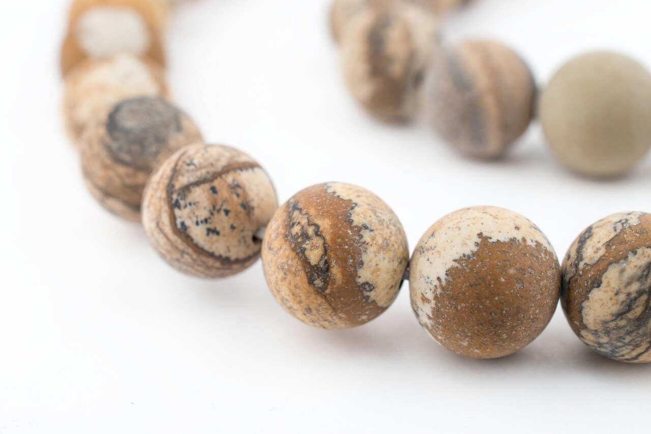 The Bead Chest Round Matte Picture Jasper Beads (10mm): Organic Gemstone Round Spherical Energy Stone Healing Power Crystal for Jewelry Bracelet Mala Necklace Making